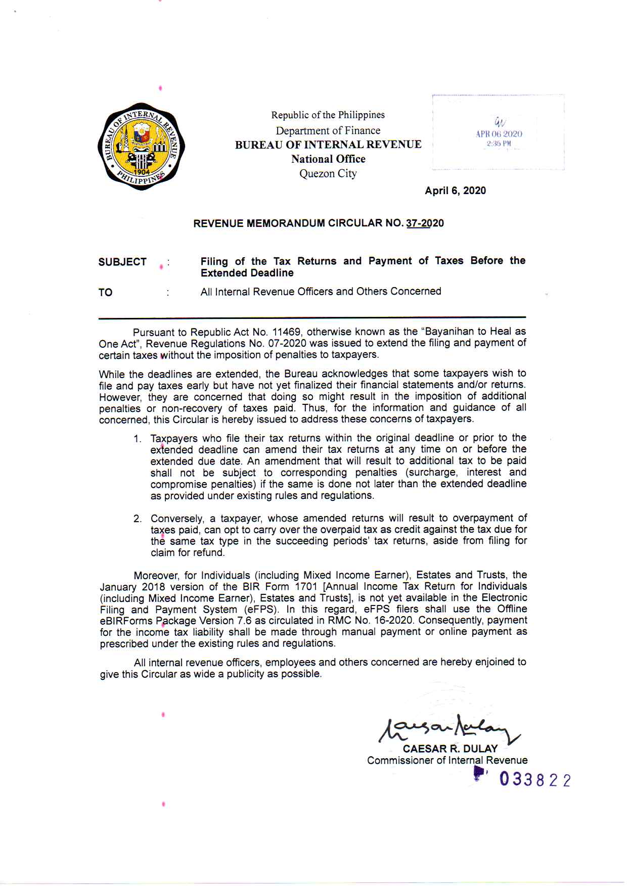 BIR Revenue Memorandum Circular No. 37-2020 | Machica Group