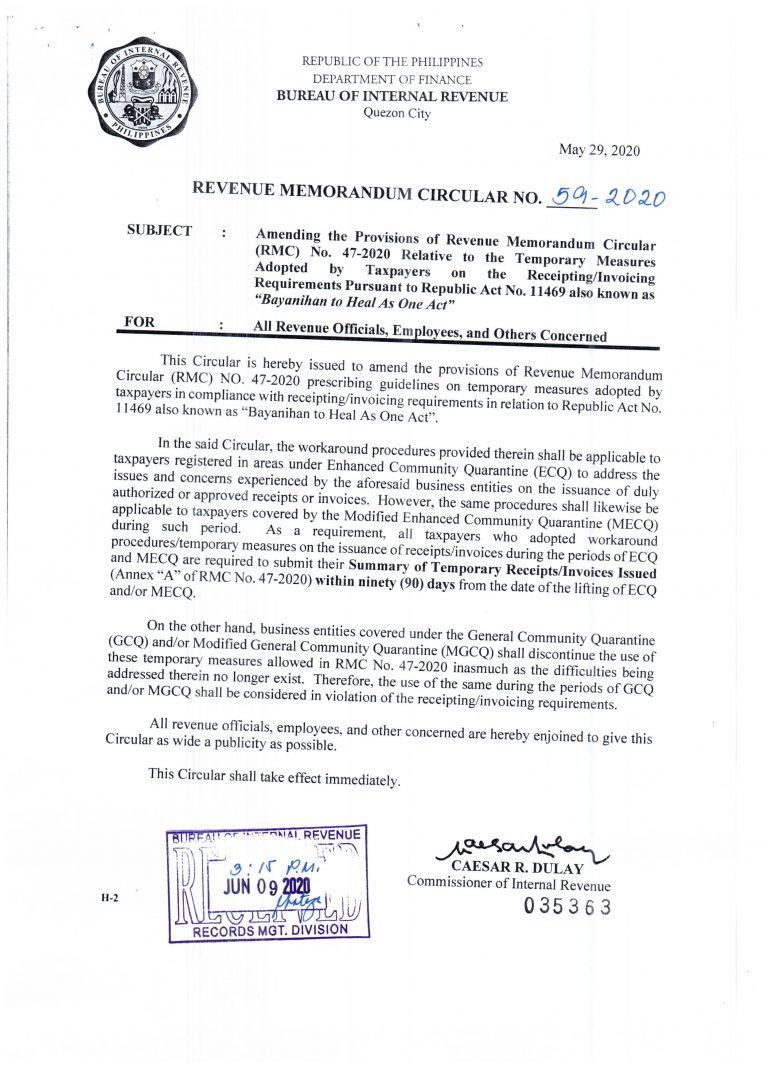 Bir Revenue Memorandum Circular No 59 2020 Machica Group