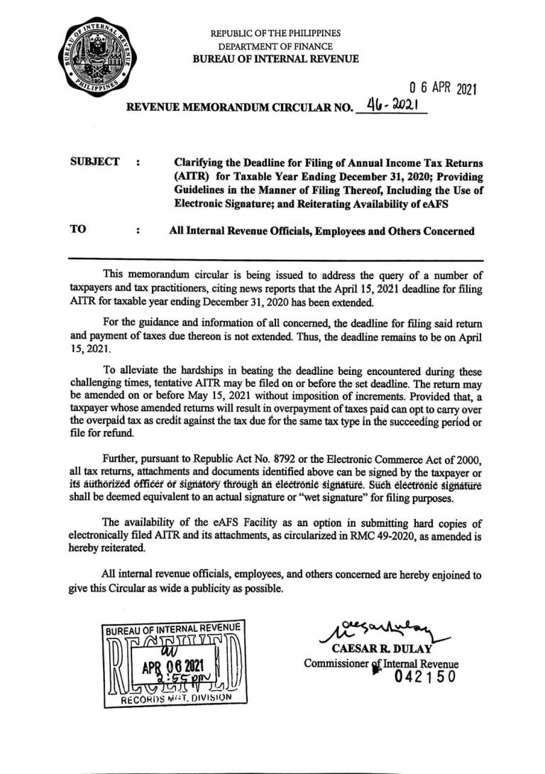 BIR Revenue Memorandum Circular No.46-2021 | Machica Group