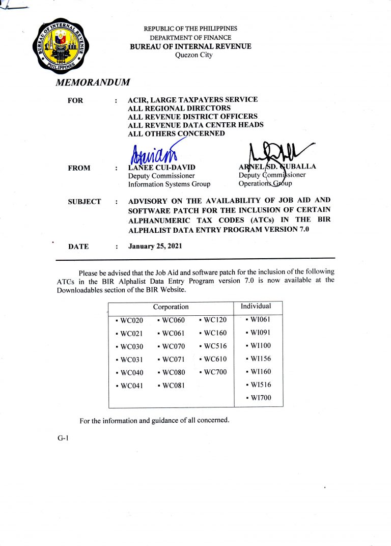 BIR Memo Advisory (January 25, 2021) | Machica Group