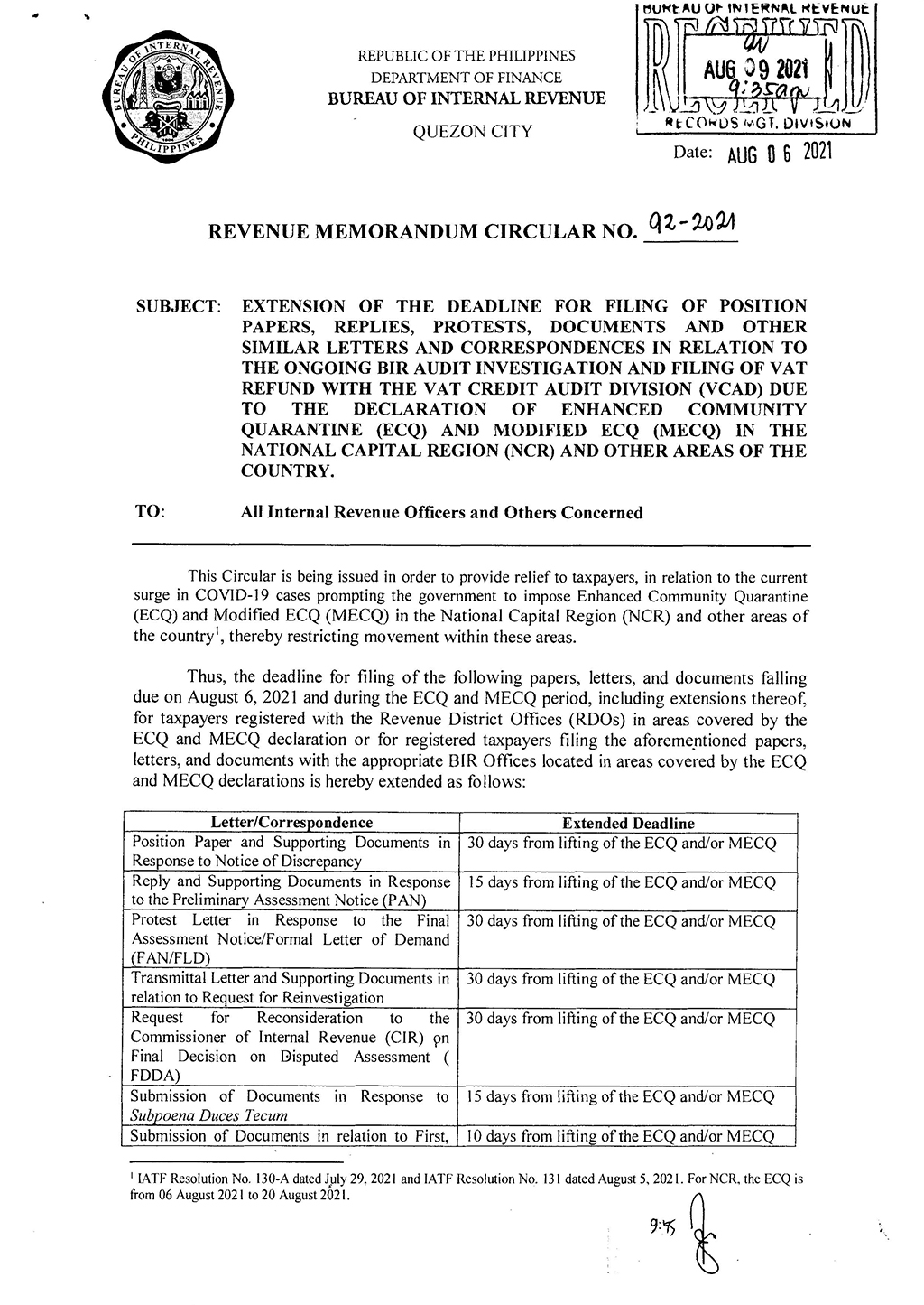 BIR Revenue Memorandum Circular No. 92-2021 | Machica Group