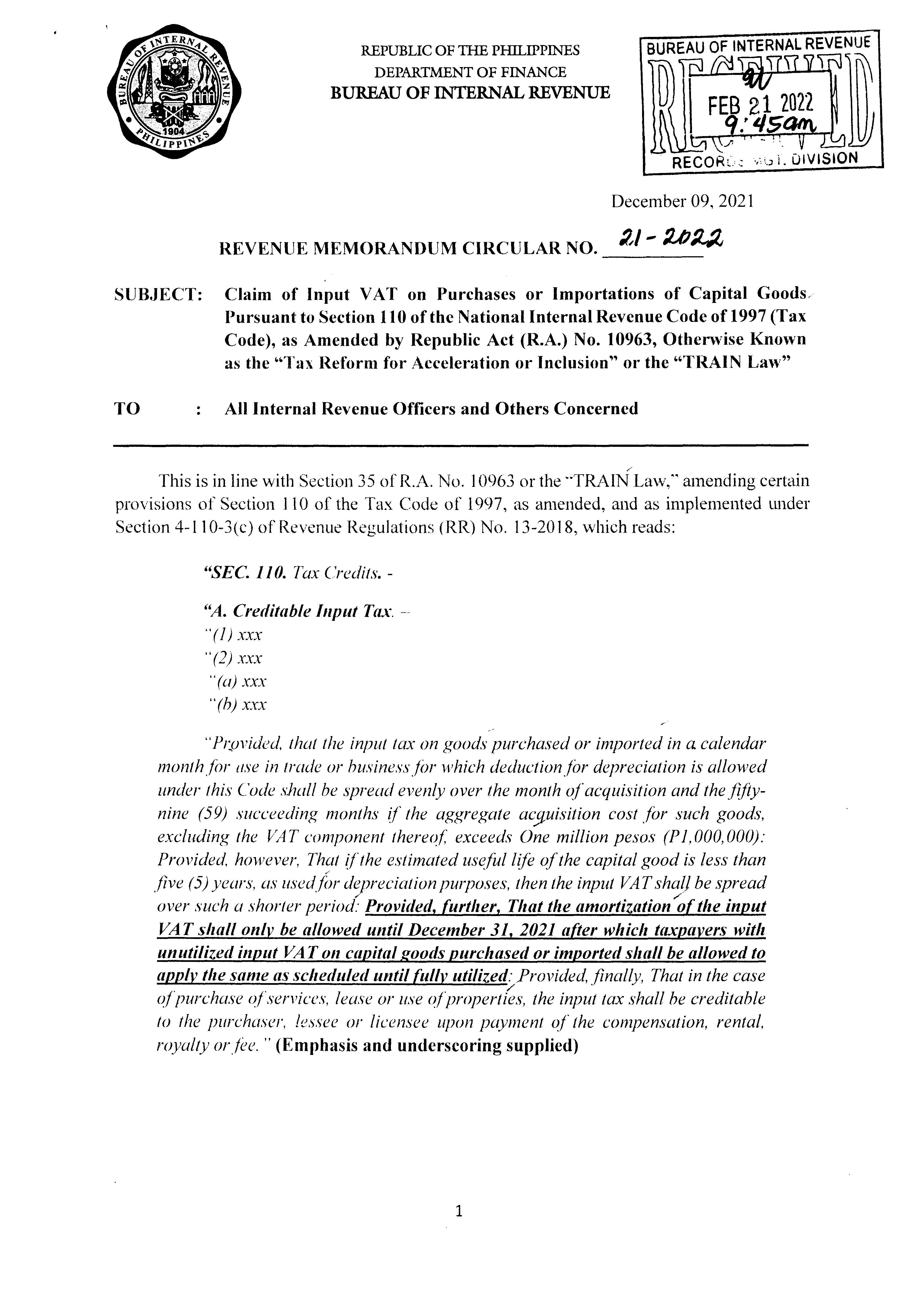 BIR MEMORANDUM CIRCULAR NO. 212022 Machica Group