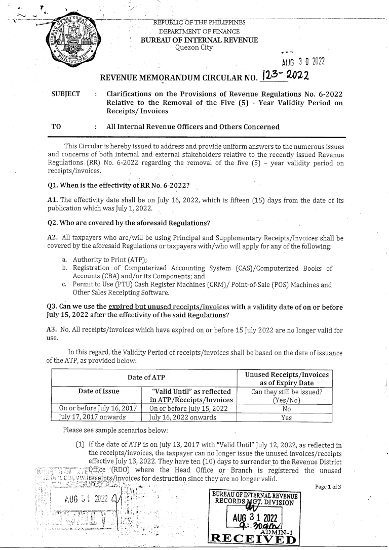 REVENUE MEMORANDUM CIRCULAR NO. 123-2022 | Machica Group